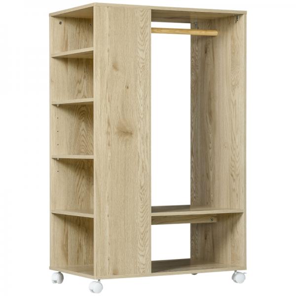 Armoire, portemanteau, 1 tringle à vêtements, 5 étagères, 1 étagère à chaussures, 4 roulettes, naturel