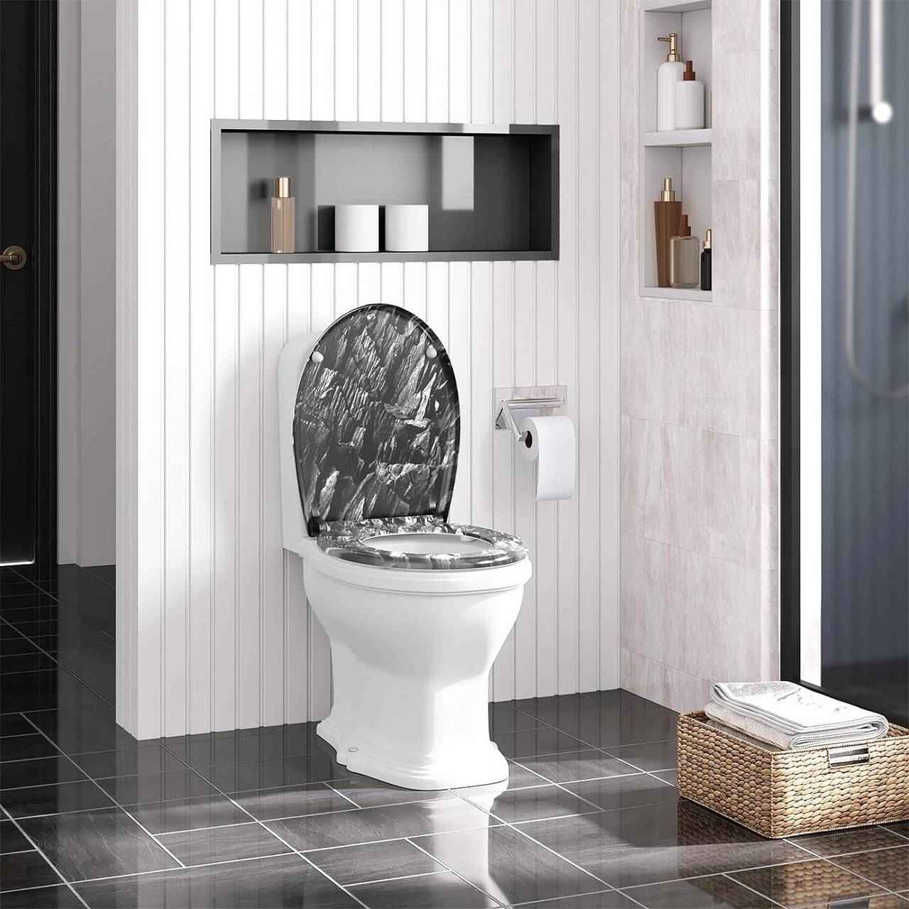 Toilettendeckel, WC Sitz mit Absenkautomatik, Klobrille, O-Form, Steinmuster