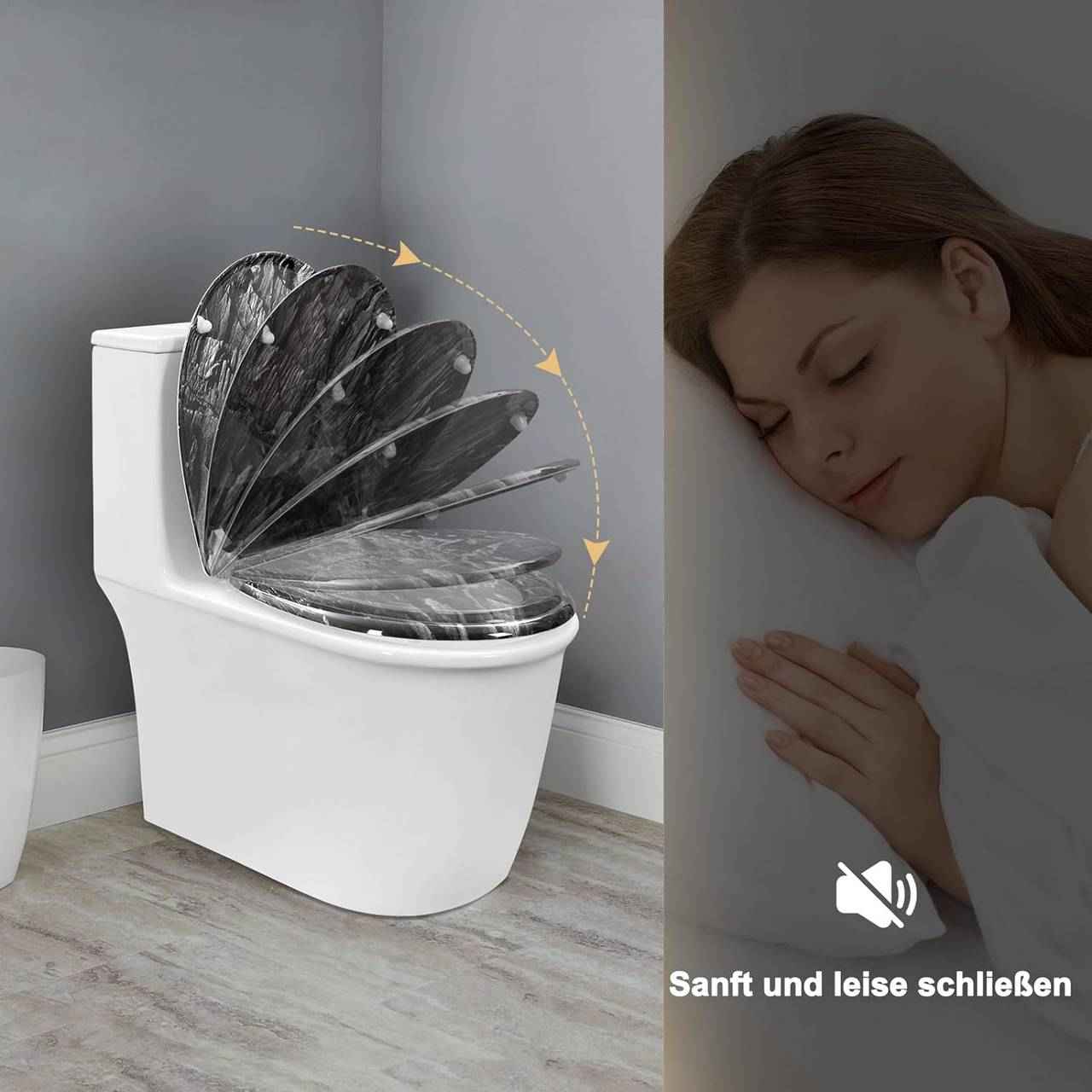 Toilettendeckel, WC Sitz mit Absenkautomatik, Klobrille, O-Form, Steinmuster