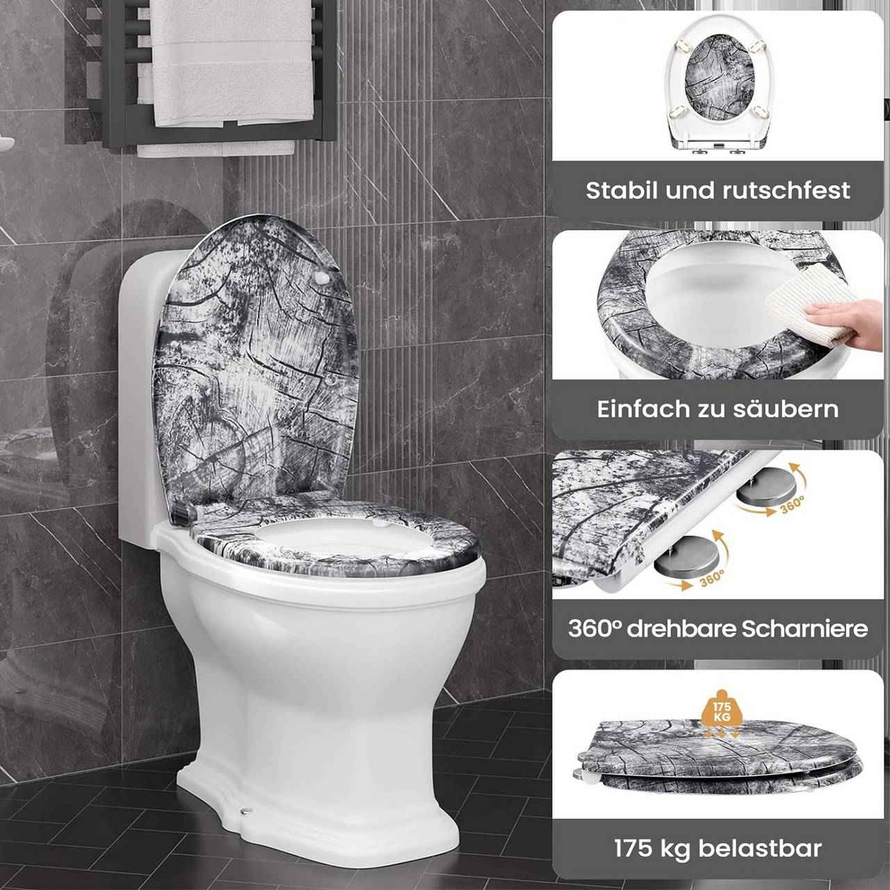 Toilettendeckel, WC Sitz mit Absenkautomatik, Klobrille, O-Form, Holzmuster