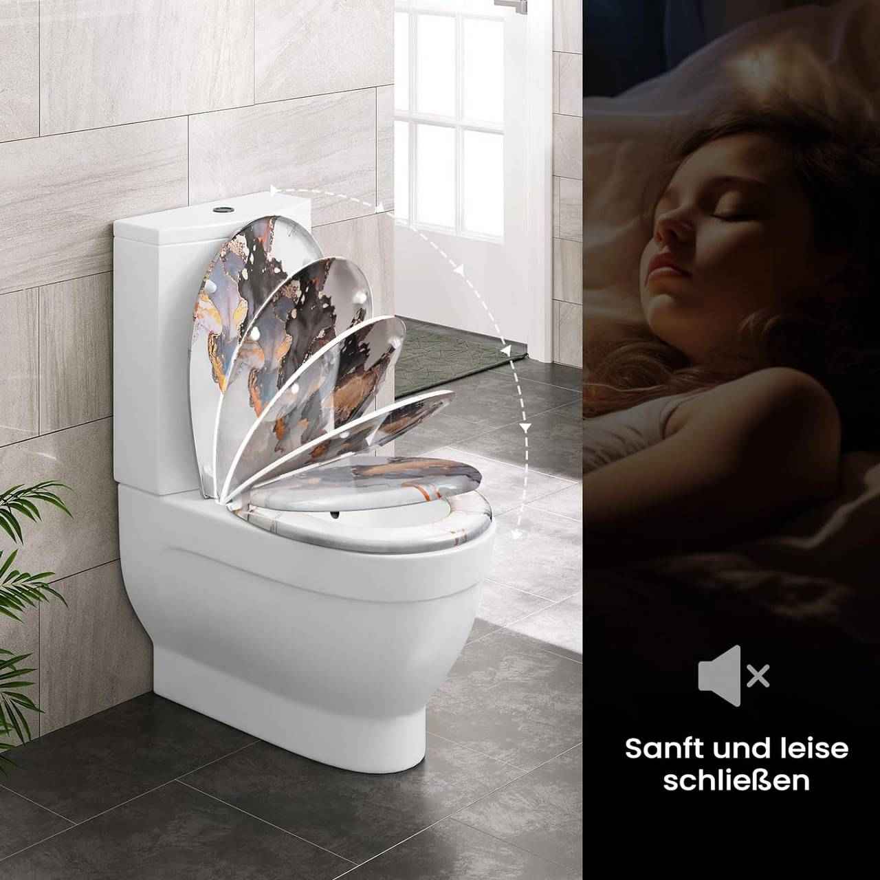 Toilettendeckel, WC Sitz mit Absenkautomatik, Klobrille, O-Form, Abstraktes Marmormuster