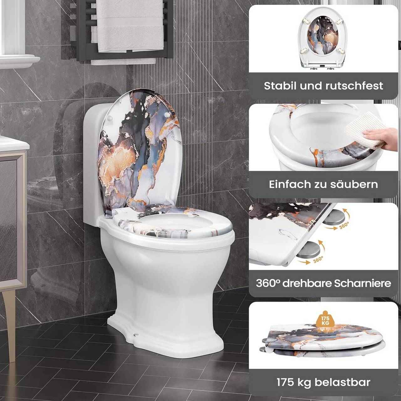 Toilettendeckel, WC Sitz mit Absenkautomatik, Klobrille, O-Form, Abstraktes Marmormuster