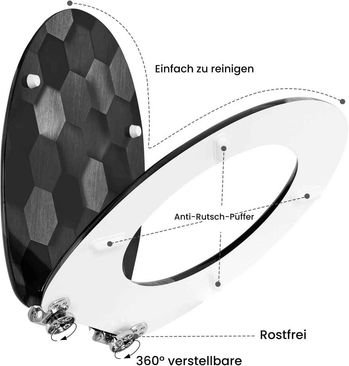 Toilettendeckel mit Absenkautomatik, WC Sitz O Form, aus MDF, Technologie-Wabe Grau