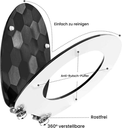 Toilettendeckel mit Absenkautomatik, WC Sitz O Form, aus MDF, Technologie-Wabe Grau