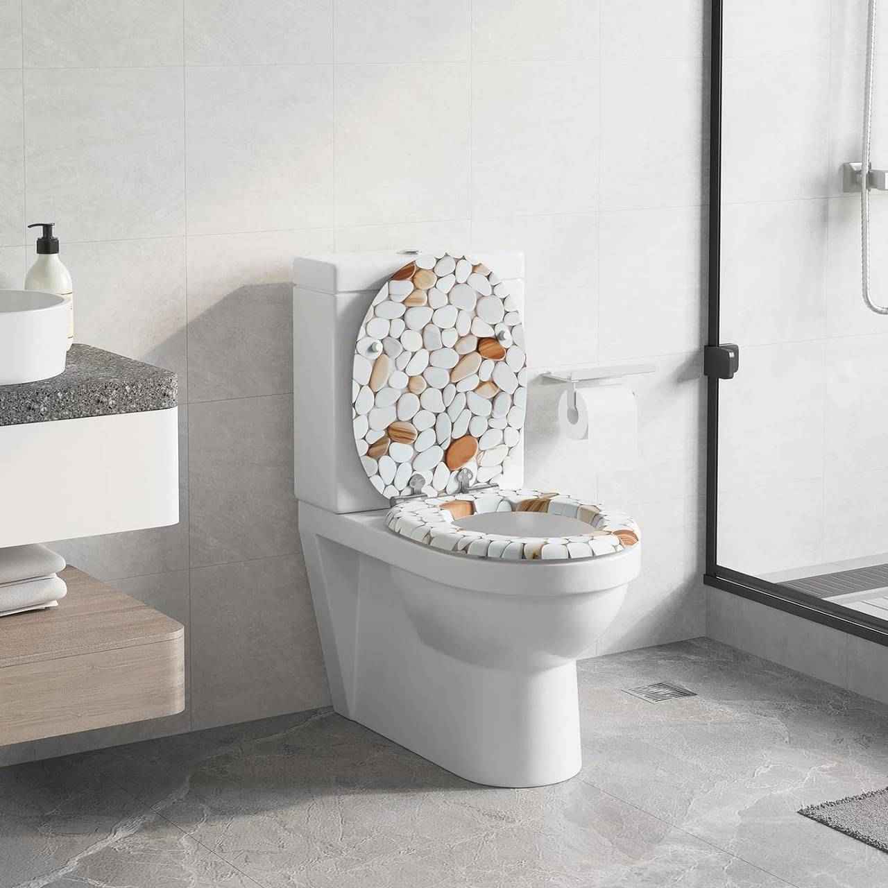 Toilettendeckel mit Absenkautomatik, WC Sitz Quick-Release, O Form, MDF