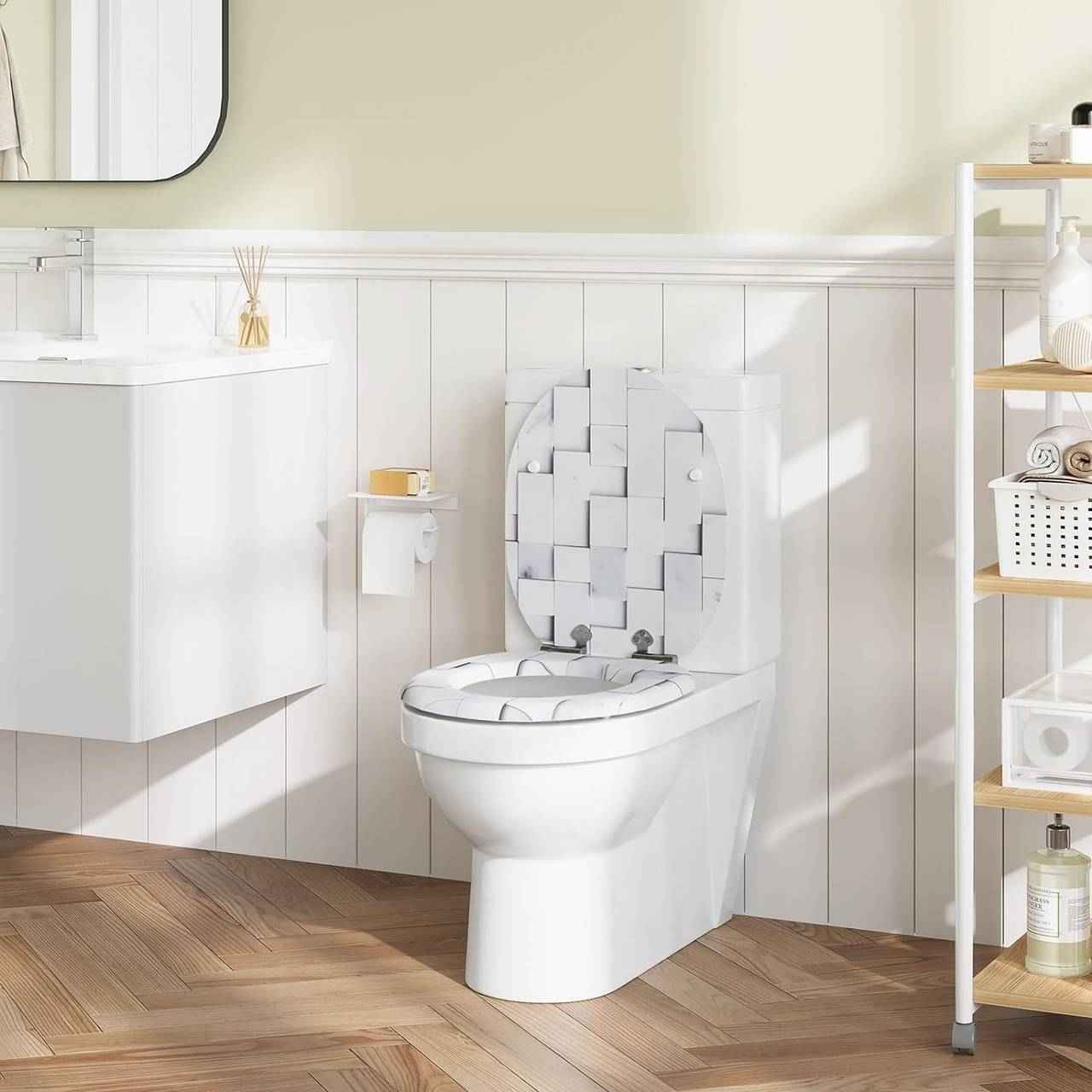 Toilettendeckel mit Absenkautomatik, WC Sitz O Form, aus MDF, Mosaik