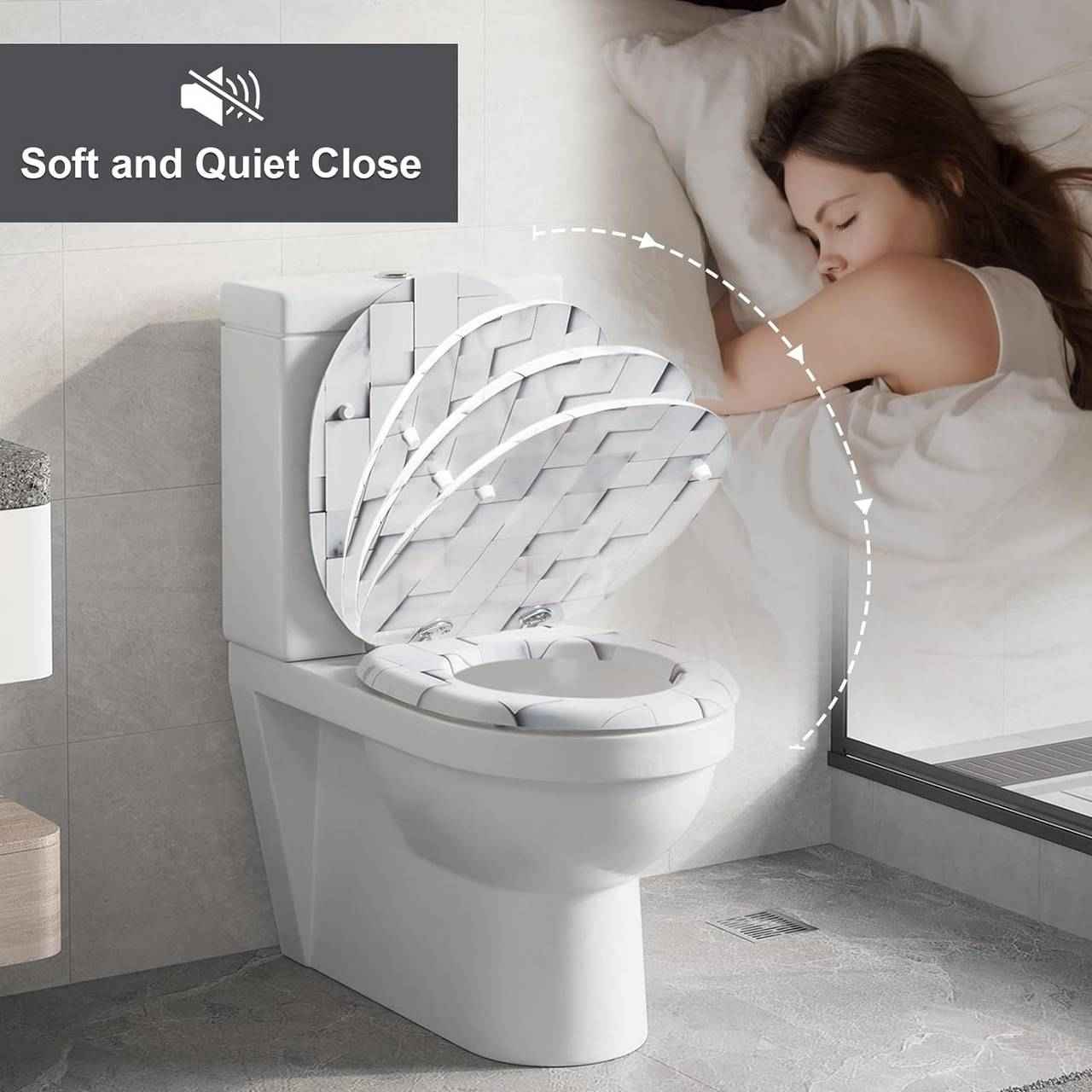 Toilettendeckel mit Absenkautomatik, WC Sitz O Form, aus MDF, Mosaik