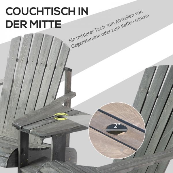 Adirondack Gartenstuhl mit Tisch und Schirmloch 2 Sitzer Gartensessel Sitzgruppe Massivholz Grau