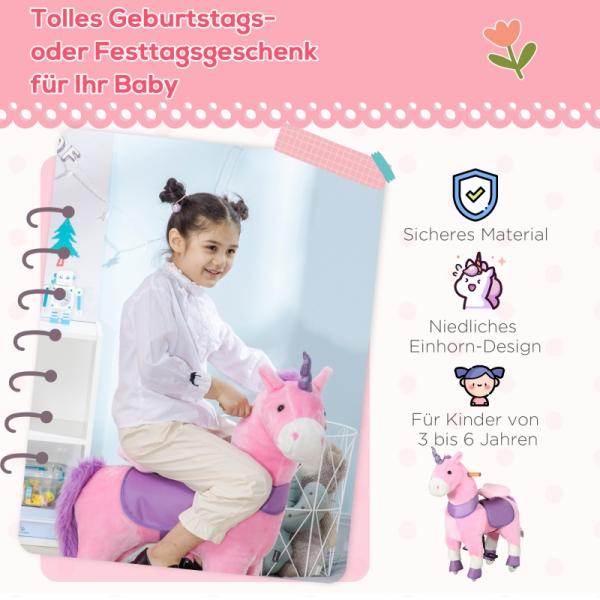 Schaukelpferd Einhorn 4 Rollen 2 Pedale gepolsterter Sattel Pink + Lila + Weiss - Palo24