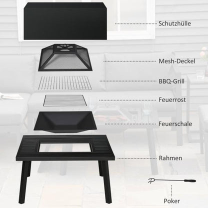Feuerschale Feuertisch mit Schürhaken Funkenschutz Feuerstelle Stahl Schwarz