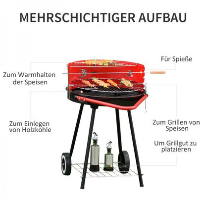 Holzkohlegrill auf Rollen Rundgrill Standgrill Holzkohle Rost BBQ Metall Rot