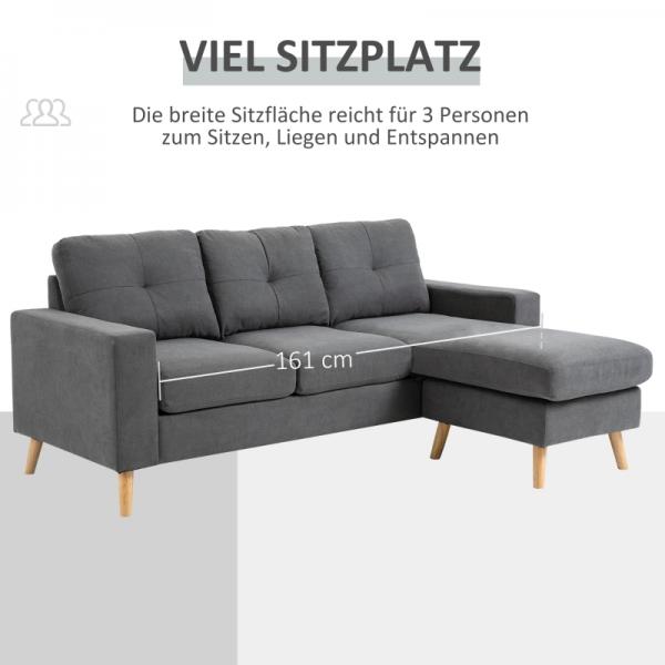 Ecksofa im Skandidesign, mit Knopfheftung, Massivholz, Leinenoptik, Grau - Palo24