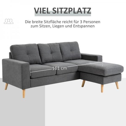 Ecksofa im Skandidesign, mit Knopfheftung, Massivholz, Leinenoptik, Grau - Palo24