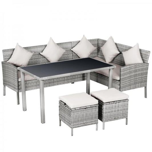 Set da 5 pezzi Set di sedute in rattan con tavolo da pranzo e 2 poggiapiedi in metallo grigio