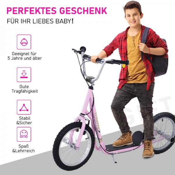 Kinderroller mit Luftreifen Kickscooter Scooter Tretroller Cityroller 16 Zoll ab 5 Jahre Höhenverstellbar Rosa