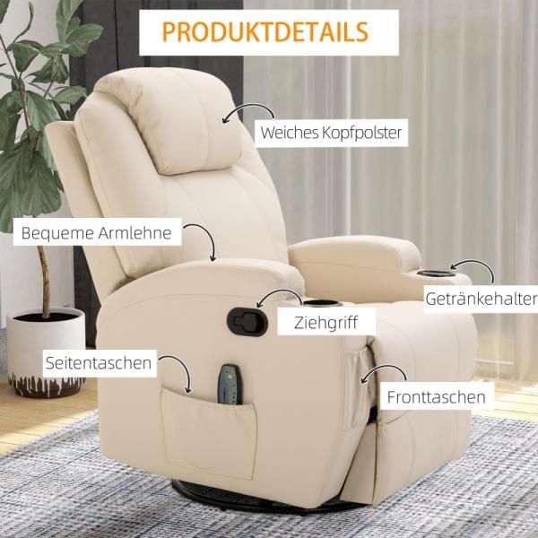 Fauteuil de massage électrique avec 5 modes de massage, fonction inclinable, mousse blanc crème