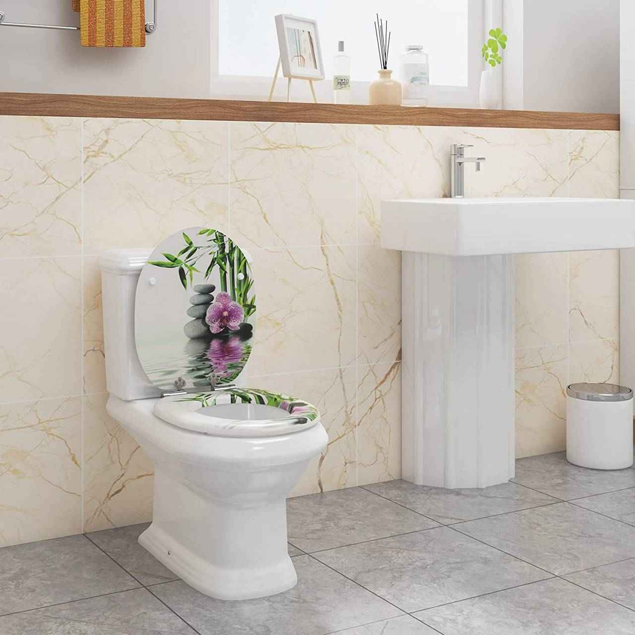 WC-Sitz MDF mit Absenkautomatik Softclose Scharnier Steine Blumen