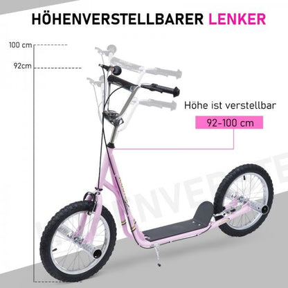 Kinderroller mit Luftreifen Kickscooter Scooter Tretroller Cityroller 16 Zoll ab 5 Jahre Höhenverstellbar Rosa