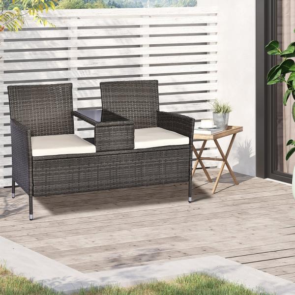 Polyrattan Gartenbank Gartensofa mit Tisch 2-Sitzer Stahl Grau