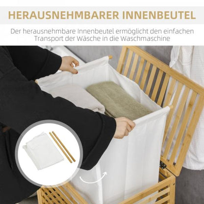 Wäschekorb aus Bambus, herausnehmbarer Wäschesack, wasserbeständig, Natur + Beige