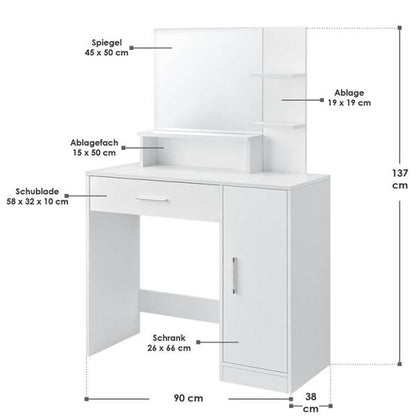 Schminktisch Zoey weiss mit Spiegel, Schublade und Schrank