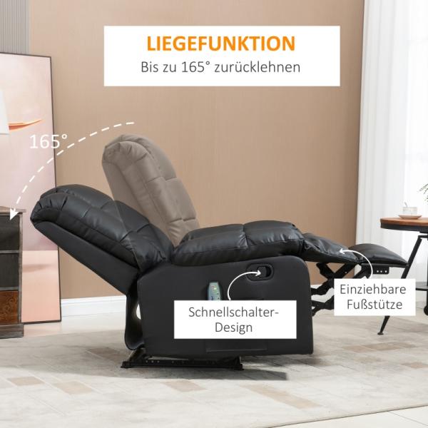 Fauteuil de massage, fauteuil de relaxation, 8 points de vibration, fonction inclinable, cuir artificiel, noir,