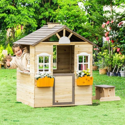 Kinderspielhaus mit Fenster Briefkasten Gartenspielhaus mit Blumentopfrack Holzspielhaus für 3-7 Jahre
