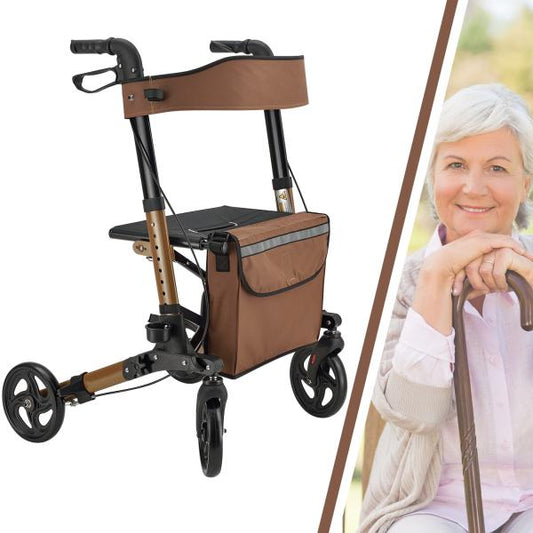 Aluminium Rollator Vital klappbar mit Sitzfläche & Einkaufstasche in braun