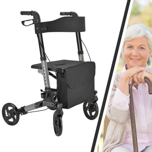 Aluminium Rollator Vital klappbar mit Sitzfläche & Einkaufstasche in schwarz