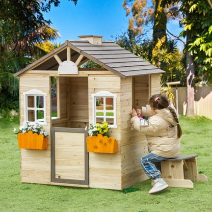 Kinderspielhaus mit Fenster Briefkasten Gartenspielhaus mit Blumentopfrack Holzspielhaus für 3-7 Jahre