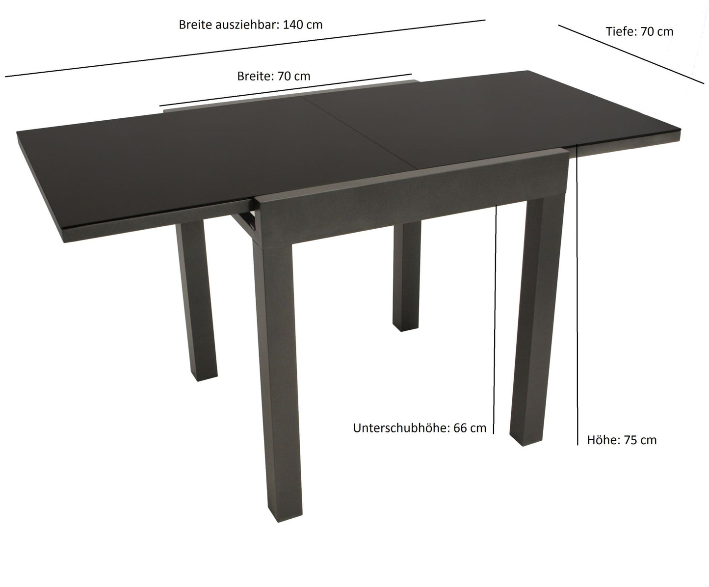 Table à rallonge de balcon ELBA 70/140x70cm, aluminium anthracite + verre noir