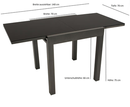 Table à rallonge de balcon ELBA 70/140x70cm, aluminium anthracite + verre noir