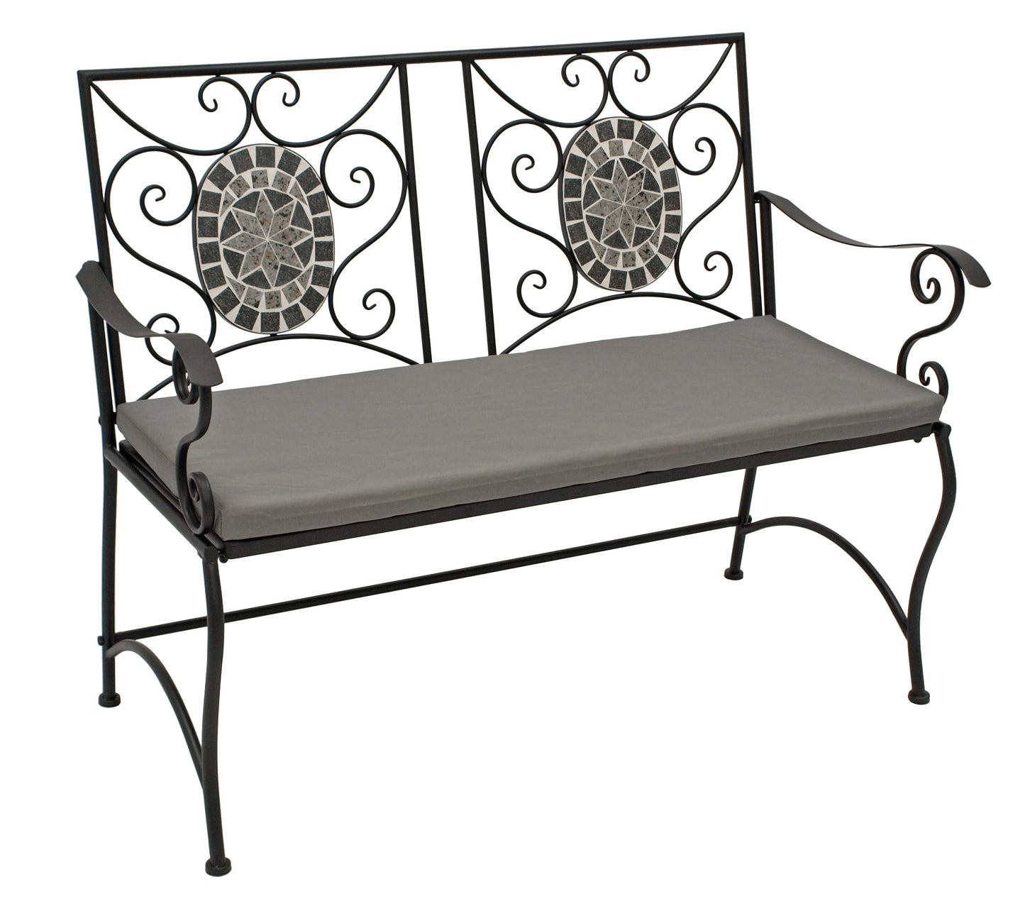 Banquette SIENA 2 places, fer noir avec incrustations et revêtement en mosaïque grise