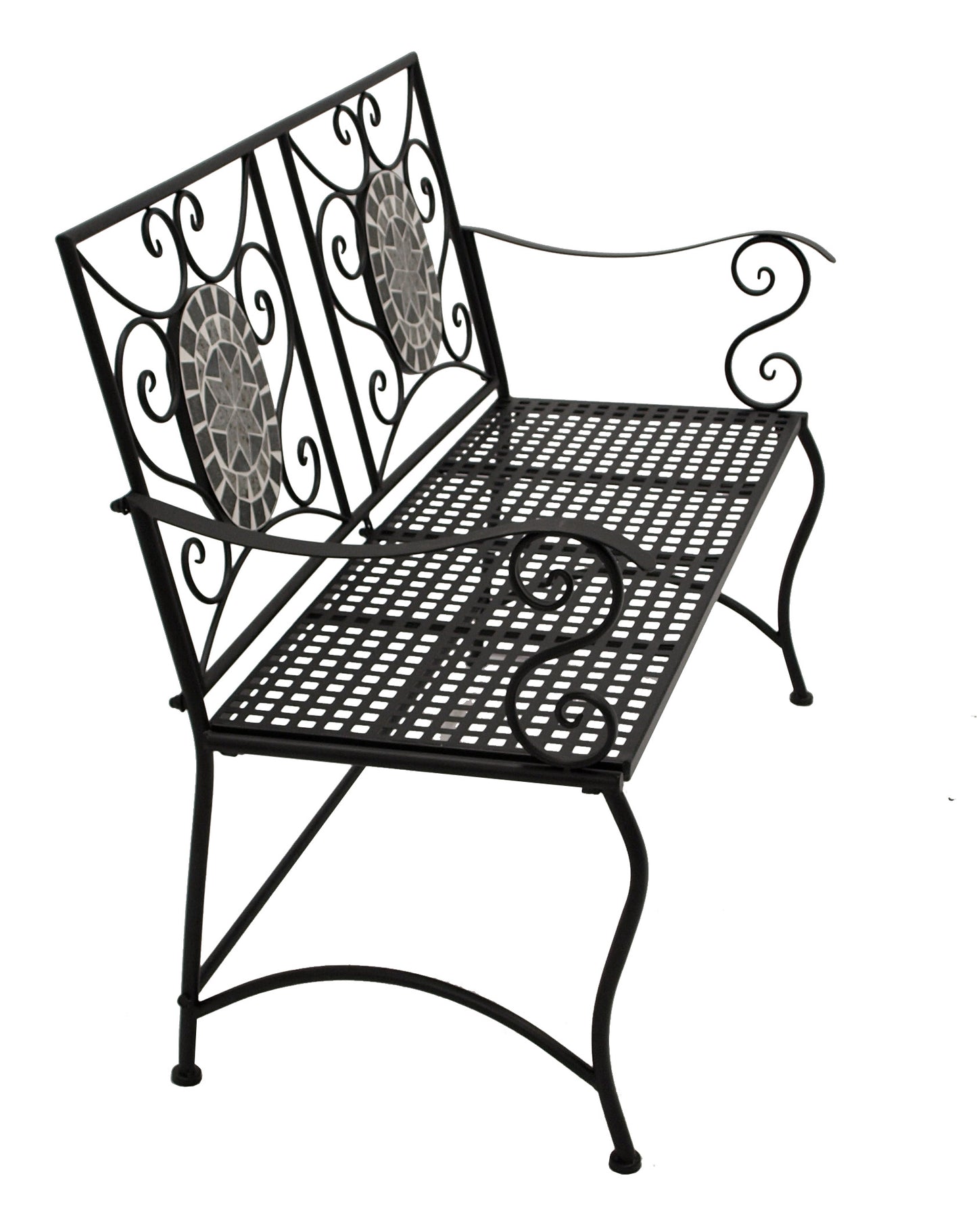 Banquette SIENA 2 places, fer noir avec incrustations et revêtement en mosaïque grise