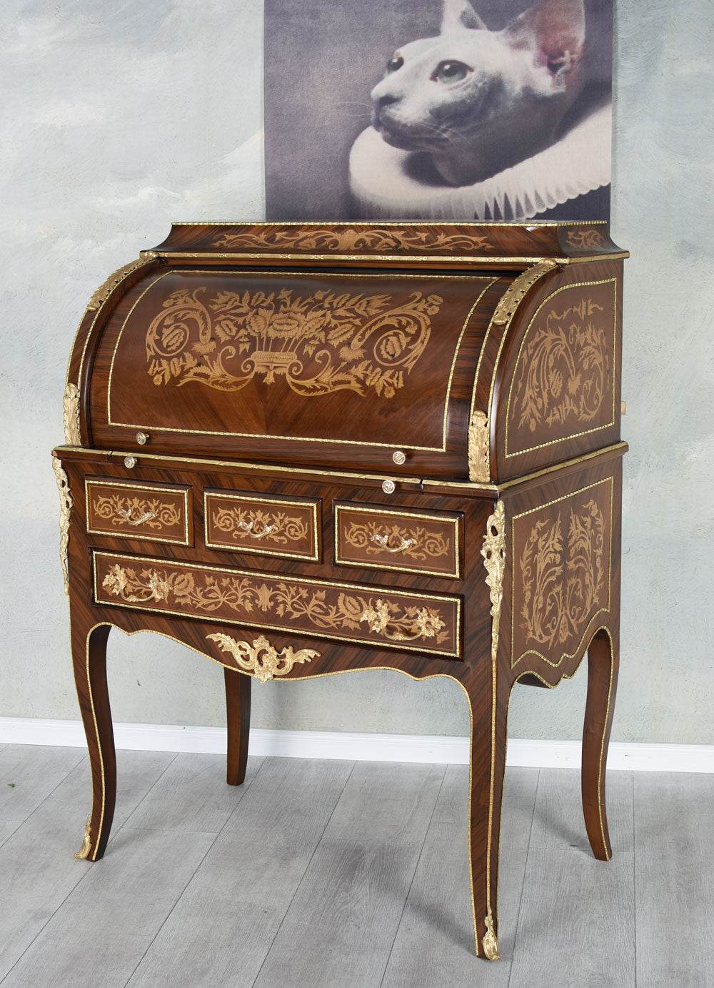 XXL Rollsekretär Barock Zylindersekretär Intarsien Rollbureau Schreibtisch Antik - Palo24