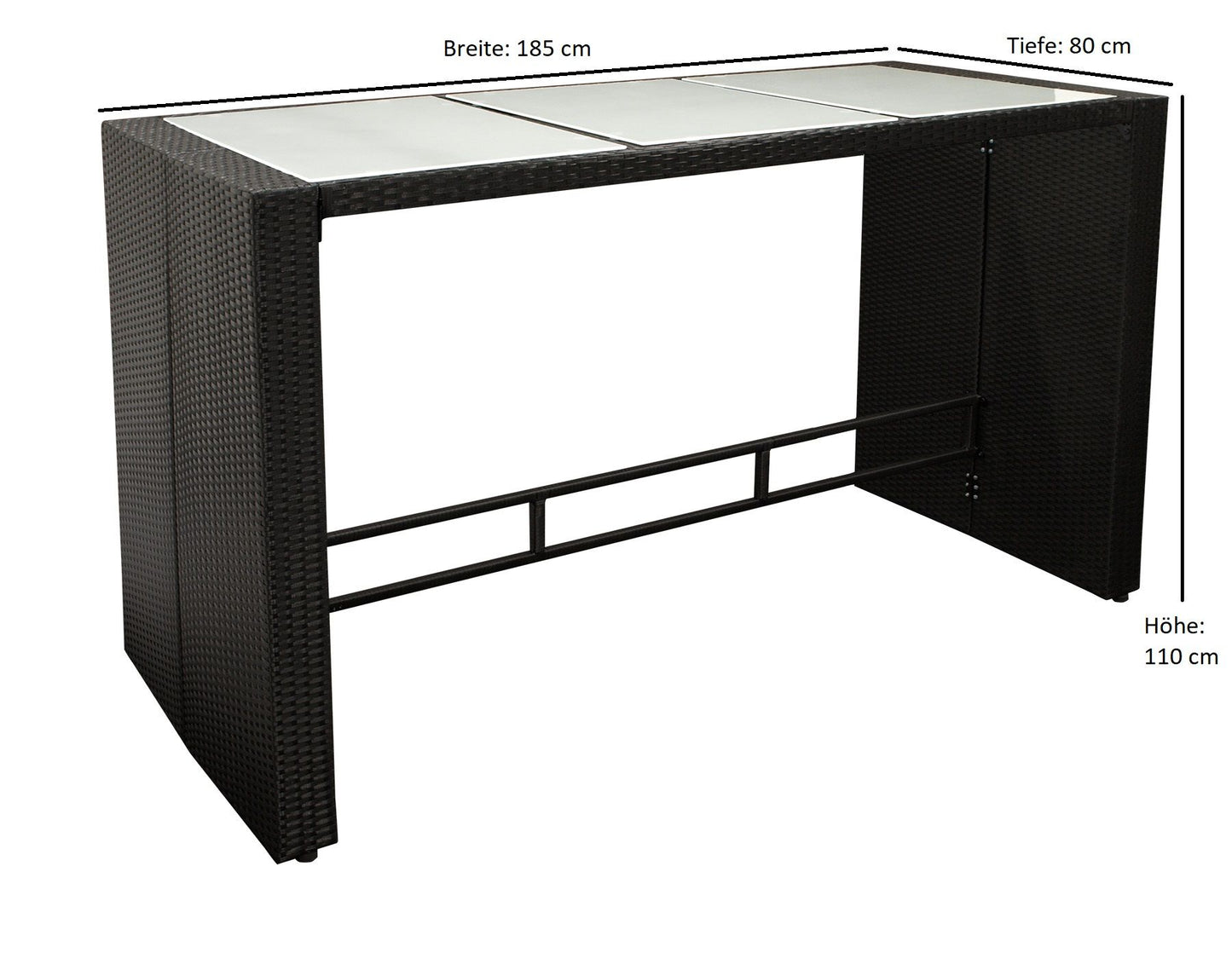 Table de bar DAVOS 185x80x110cm, tissage noir, plateau en verre