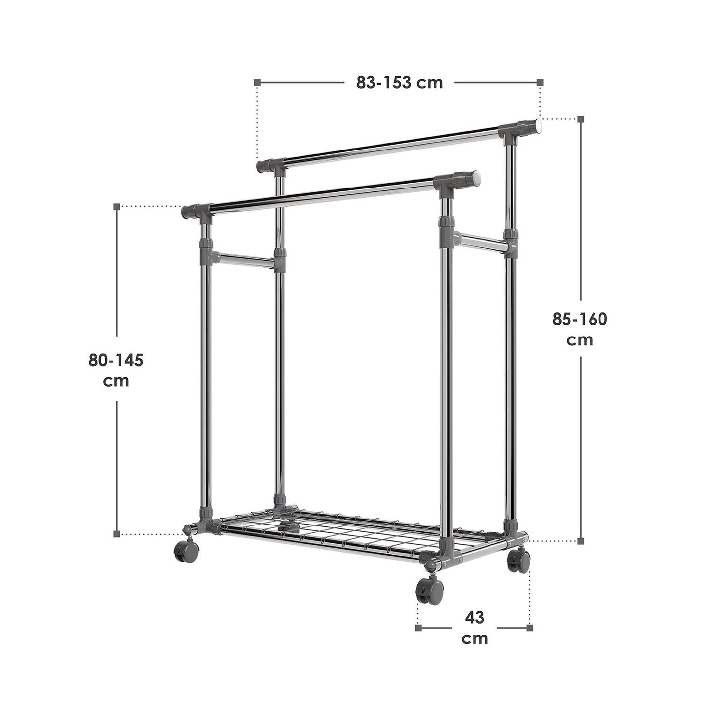Metall Kleiderständer auf Rollen mit 2 Stangen - Silber