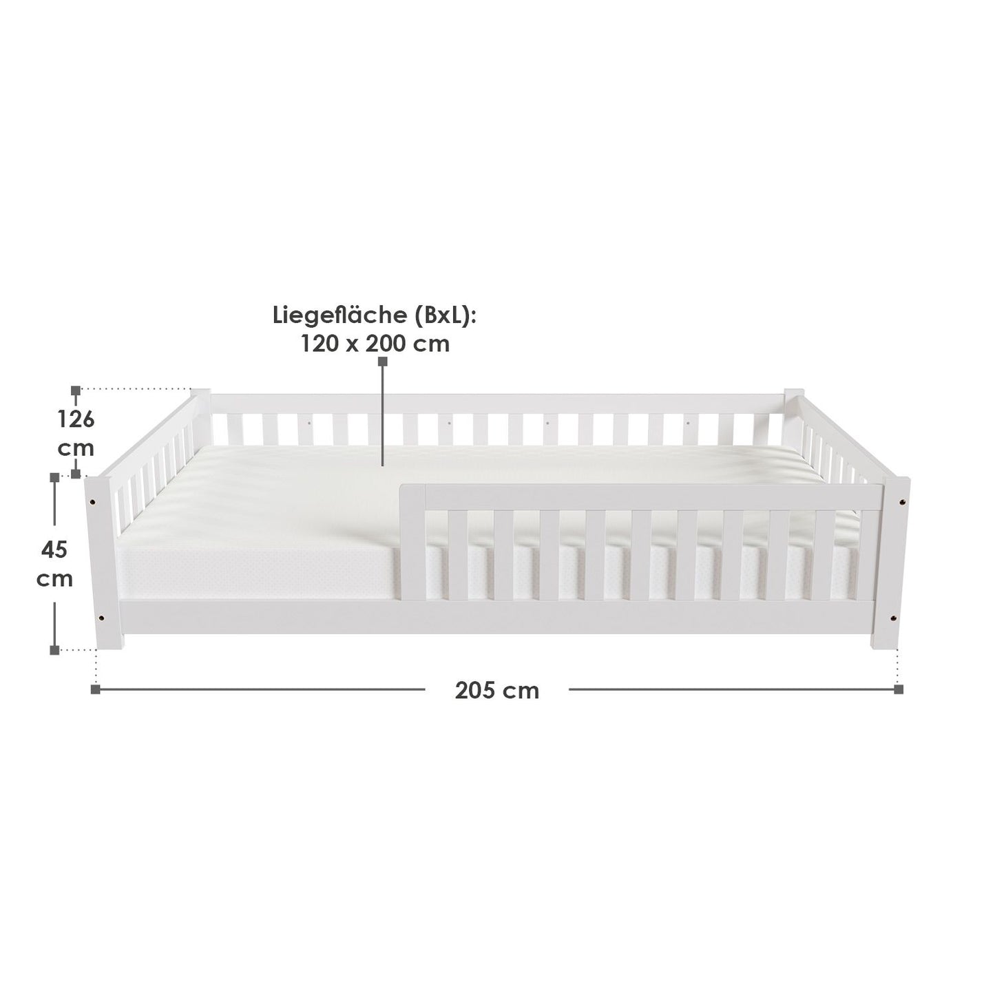 Kinderbett Naya 120x200 cm mit Lattenrost & Rausfallschutz - Weiss