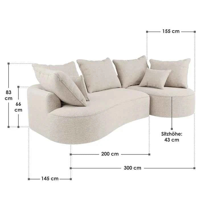Sofa Tirano mit Ottomane & Dekokissen aus Boucléstoff Creme