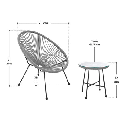 Set di mobili da balcone Ostana, gruppo di sedute grigio da 3 pezzi in design retrò con tavolo e 2 poltrone