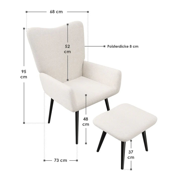 Ohrensessel Relaxsessel Bouclé mit Hocker Beige