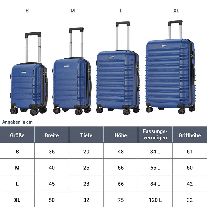 Set de valises rigides Rome - Set bleu 4 pièces avec coque rigide en ABS résistant aux chocs et roues 360°