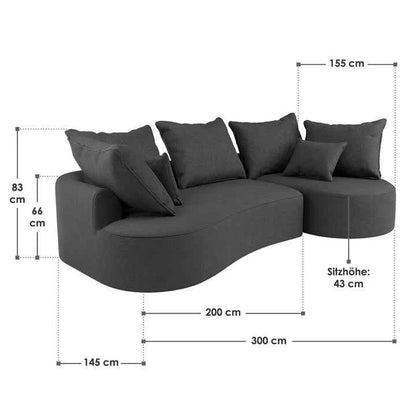 Sofa Tirano mit Ottomane & Dekokissen aus Samt Dunkelgrau