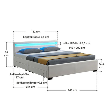 Lit capitonné LED Lyon avec coffre de lit 140 x 200 cm - blanc