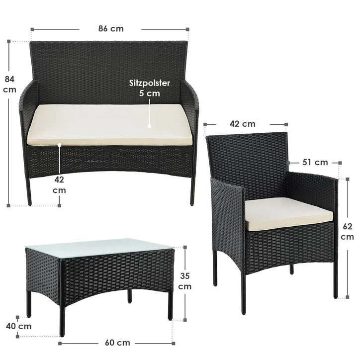 Polyrattan Sitzgruppe Fort Myers schwarz und cremeweiss Bezüge