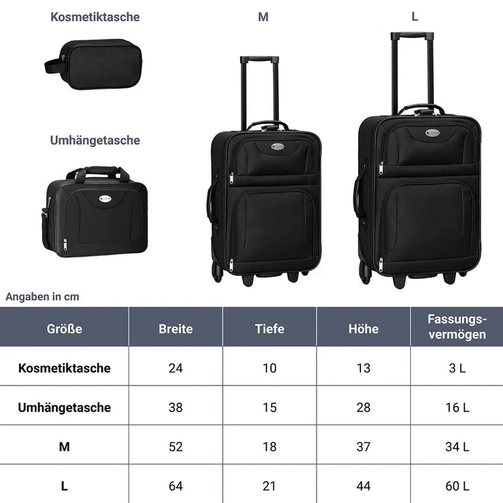 Set valigie trolley Athen - Nero Set da 5 pezzi con 2 trolley, borse a tracolla e 2 beauty case