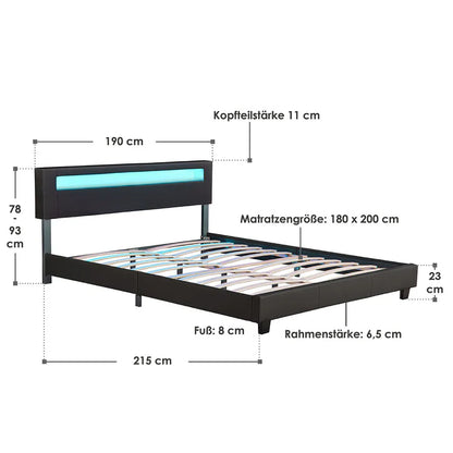 Lit capitonné Paris 180 x 200 cm - éclairage LED et sommier à lattes noir