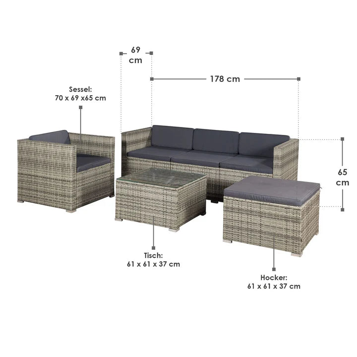 Polyrattan Lounge Punta Cana L grau-meliert und dunkelgraue Bezüge