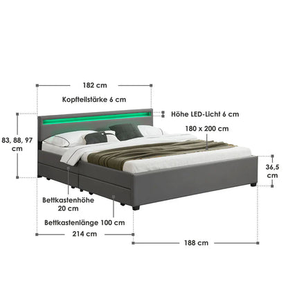 Lit capitonné LED Lyon avec coffre de lit 180 x 200 cm - gris foncé