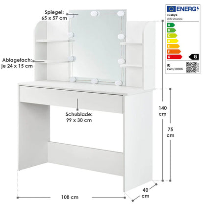 Coiffeuse Bella avec éclairage LED, miroir, tiroir et compartiments | blanc